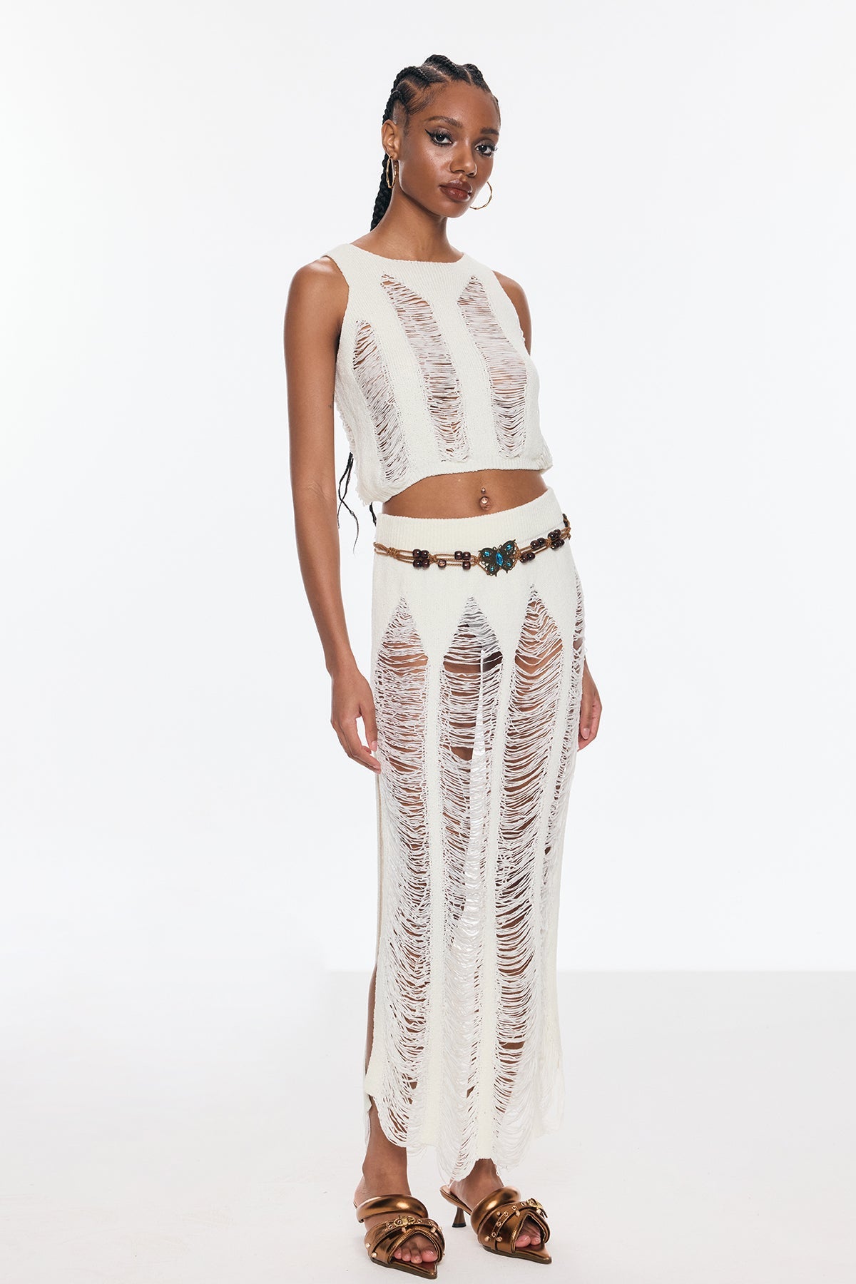 Bem Ripped Cutout Split Knit Skirt Set