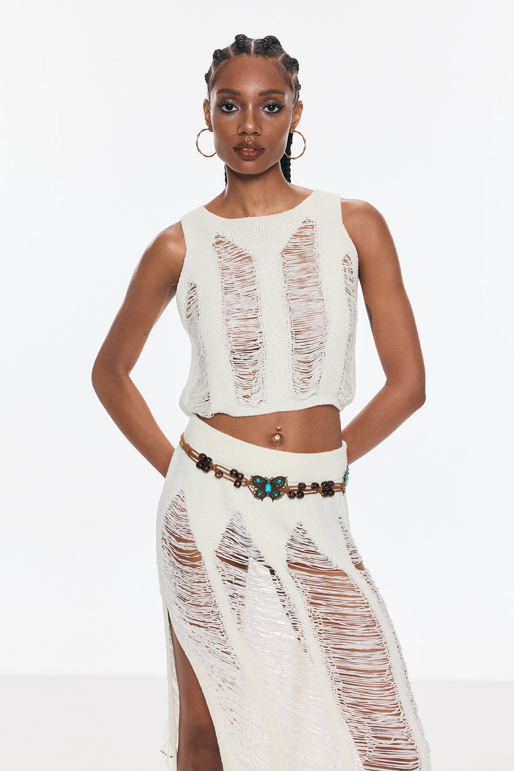 Bem Ripped Cutout Split Knit Skirt Set