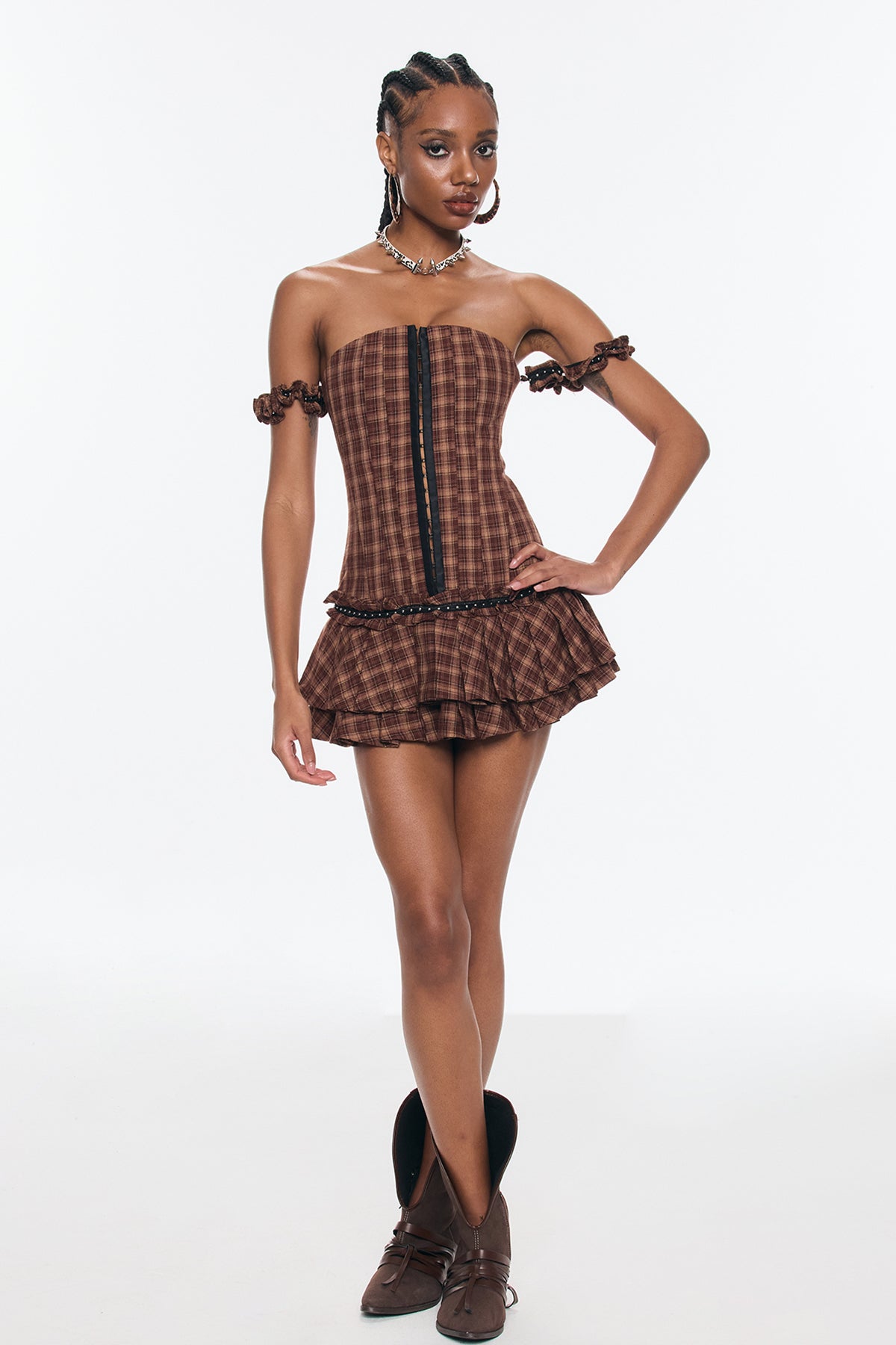Bence Strapless Grid Ruffle Corset Mini Dress