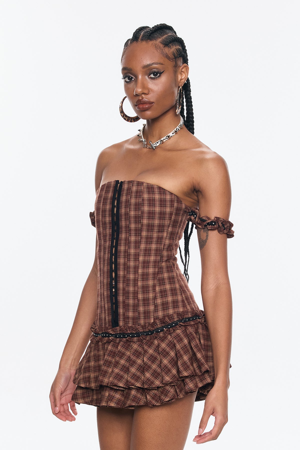Bence Strapless Grid Ruffle Corset Mini Dress