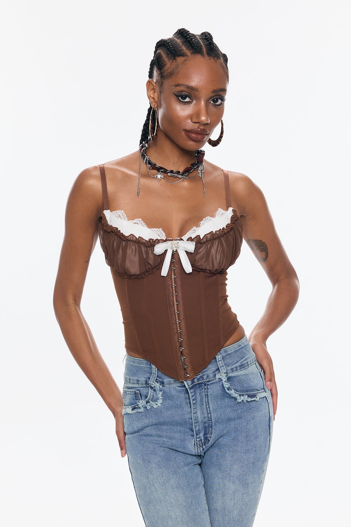 Bender Corset Lace Spaghetti Bodycon Top In Brown