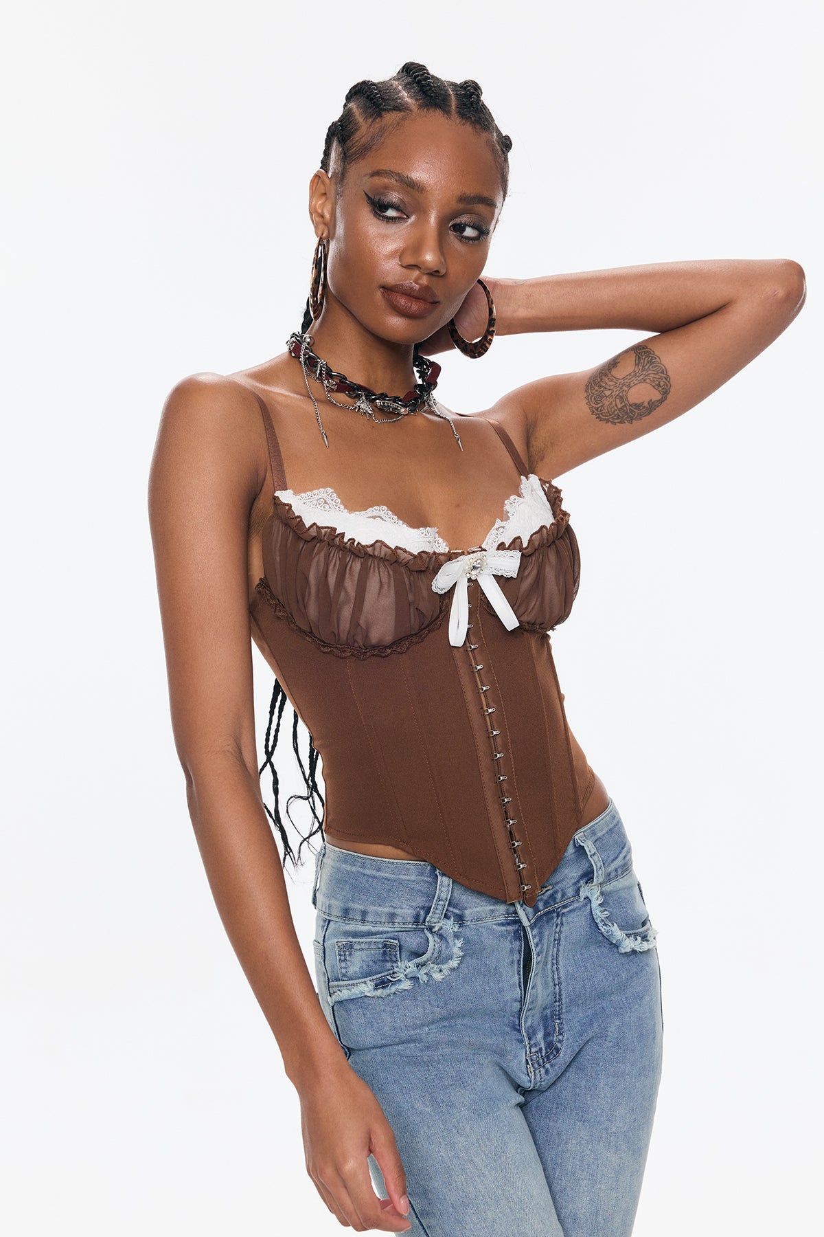 Bender Corset Lace Spaghetti Bodycon Top In Brown