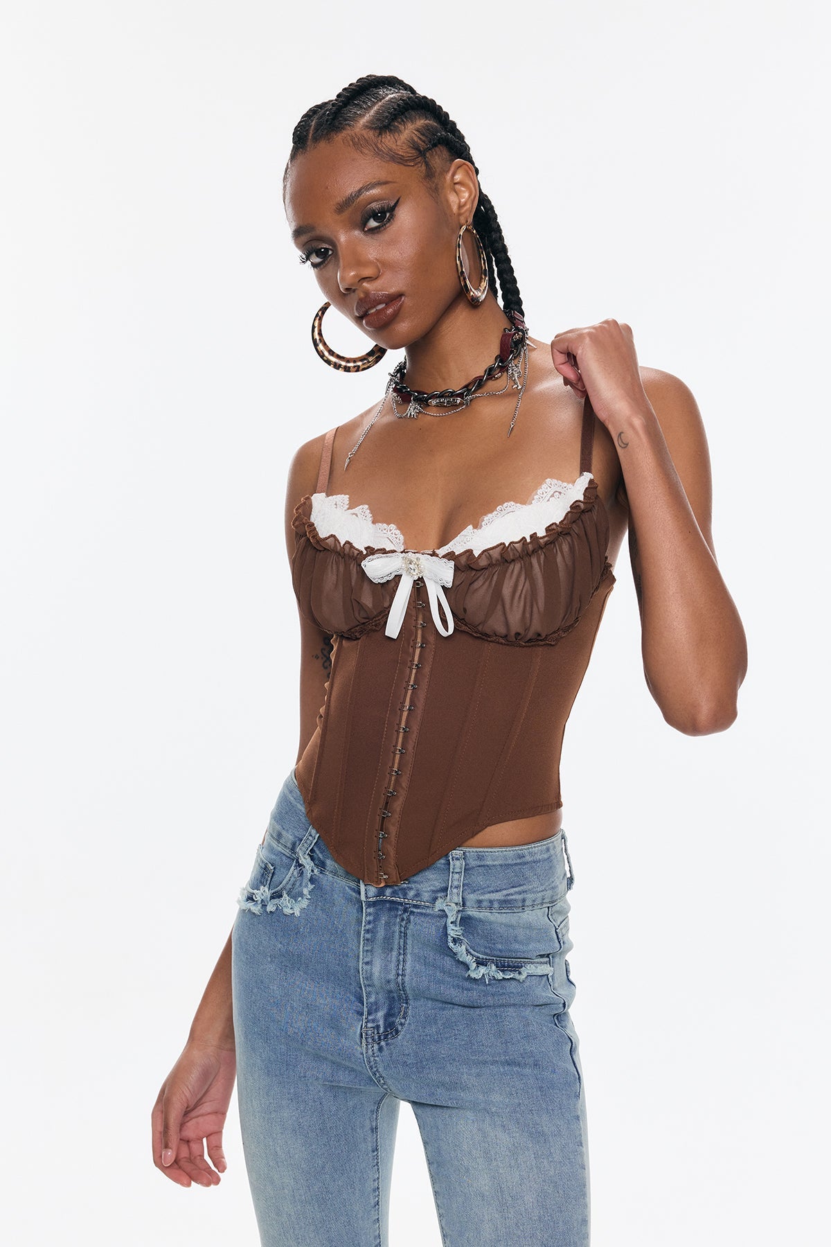 Bender Corset Lace Spaghetti Bodycon Top In Brown