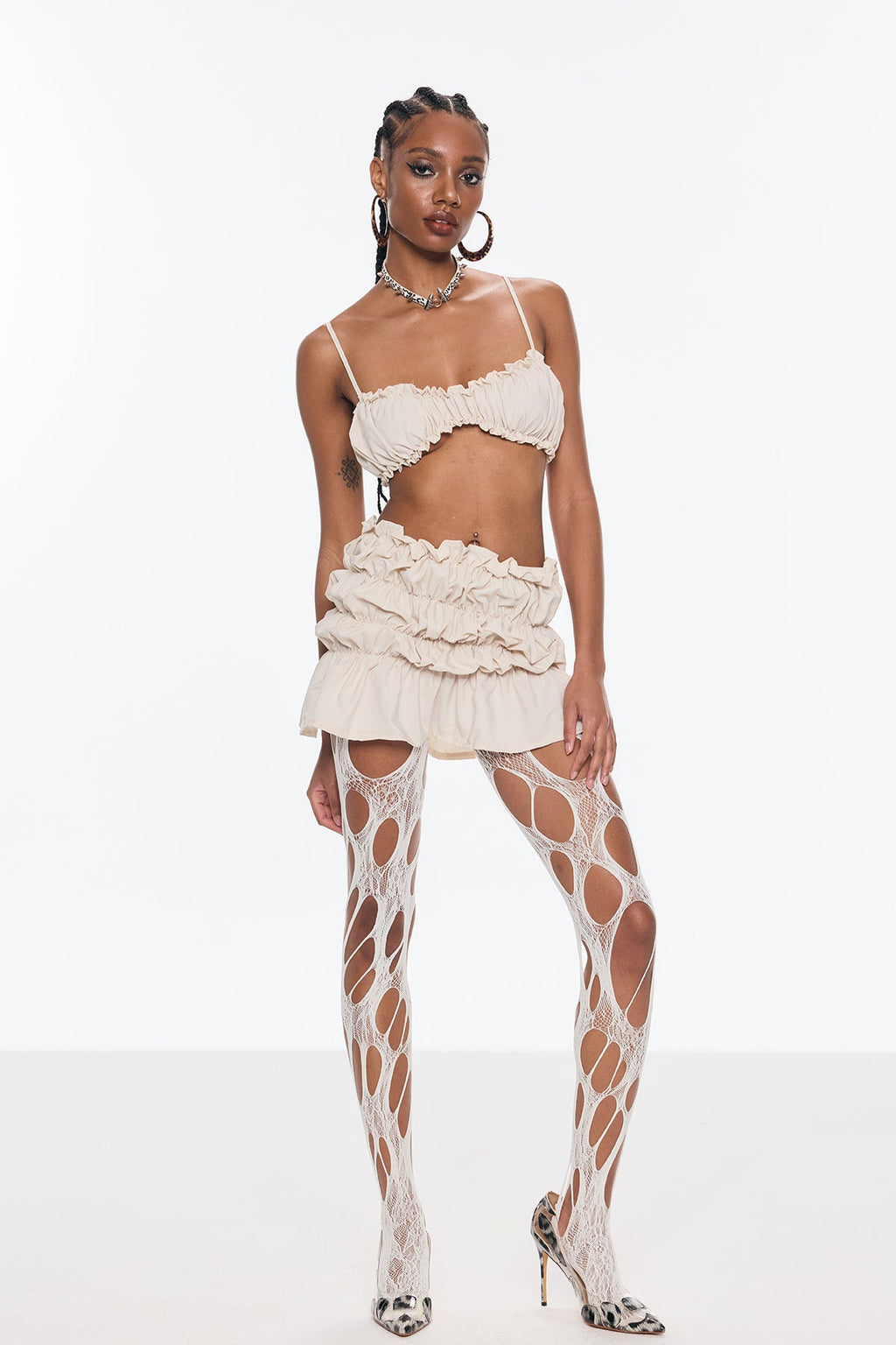 Benedict Ruffle Spaghetti Skirt Set In Apricot