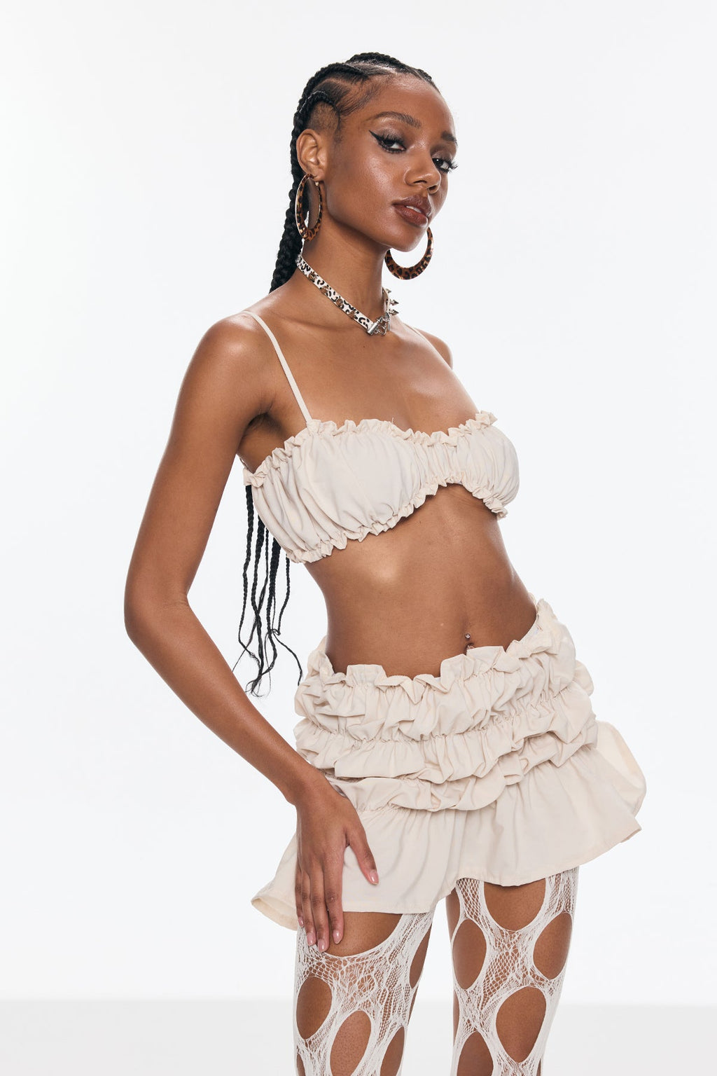 Benedict Ruffle Spaghetti Skirt Set In Apricot