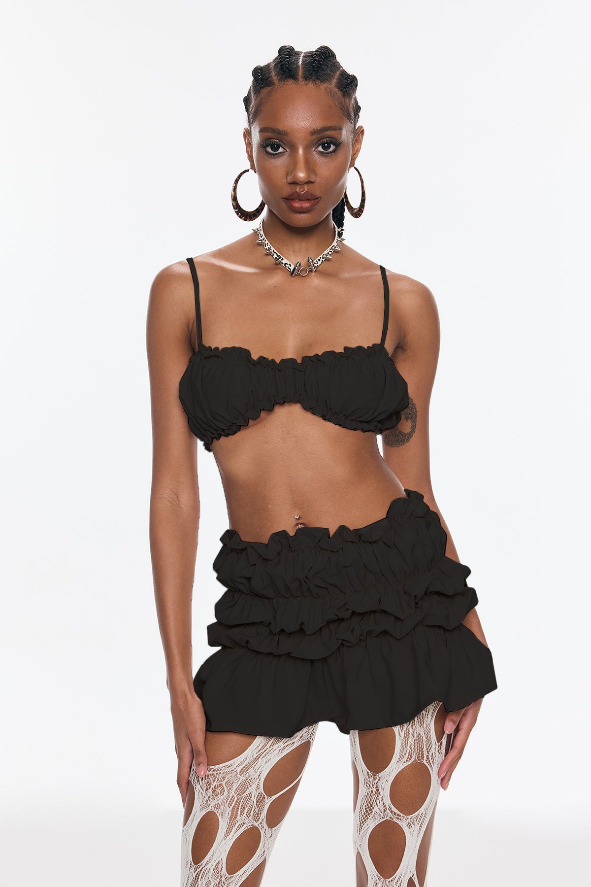 Benedict Ruffle Spaghetti Skirt Set In Black