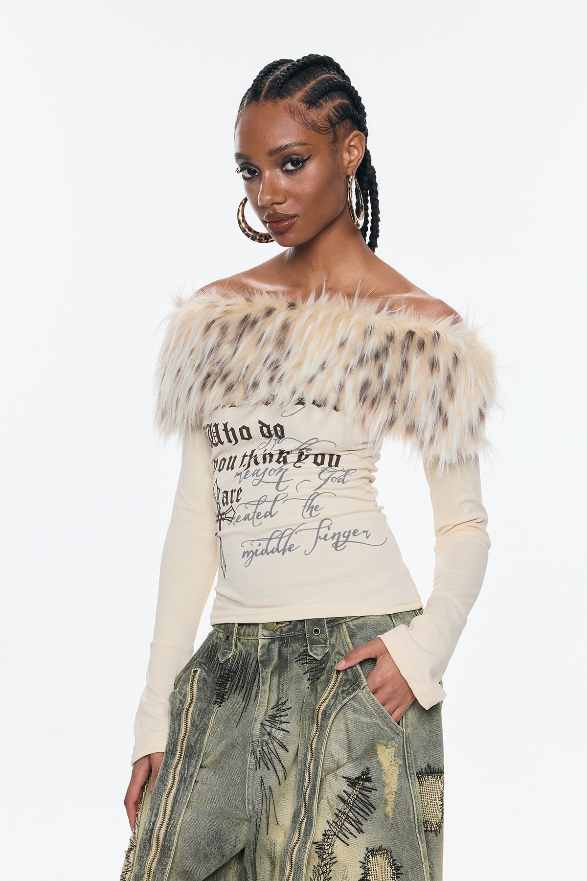 Benek Off Shoulder Leopard Faux Fur Top
