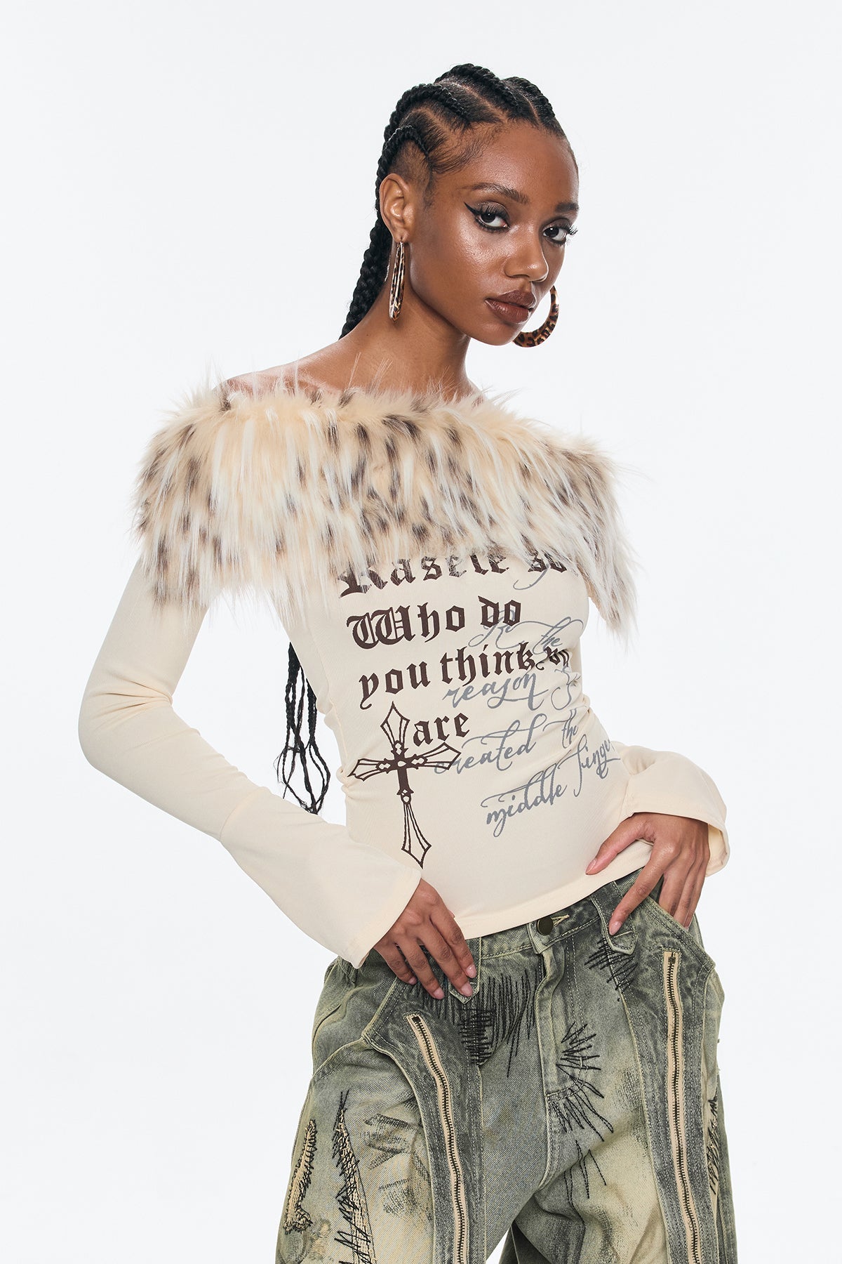 Benek Off Shoulder Leopard Faux Fur Top