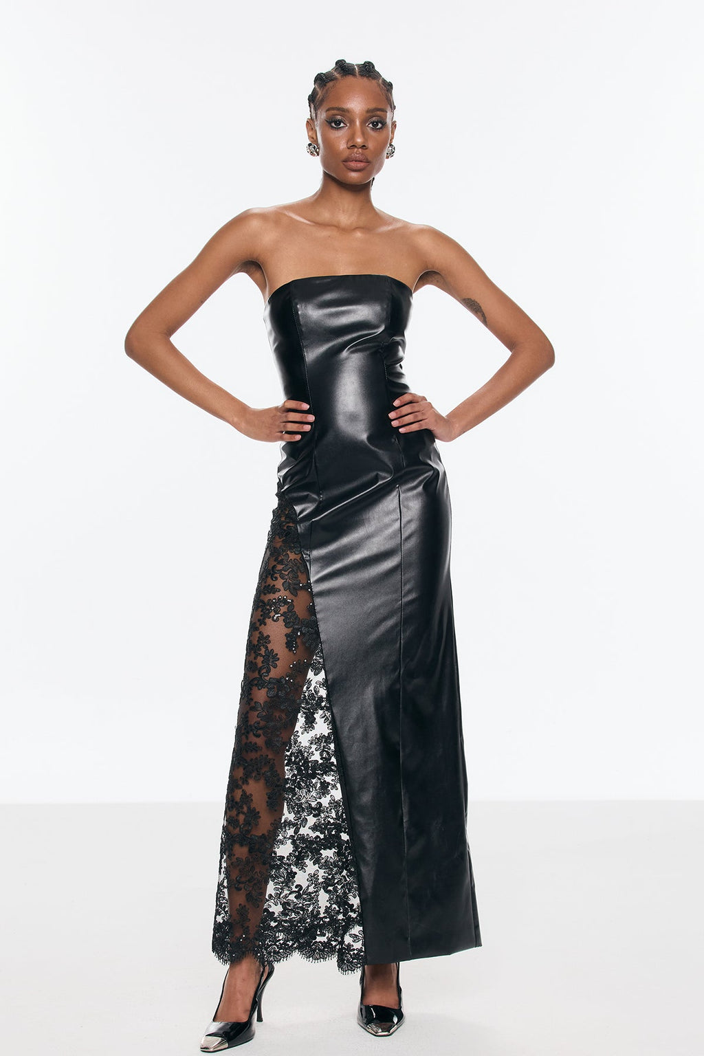 Benniton Lace Strapless Floral Leather Maxi Dress