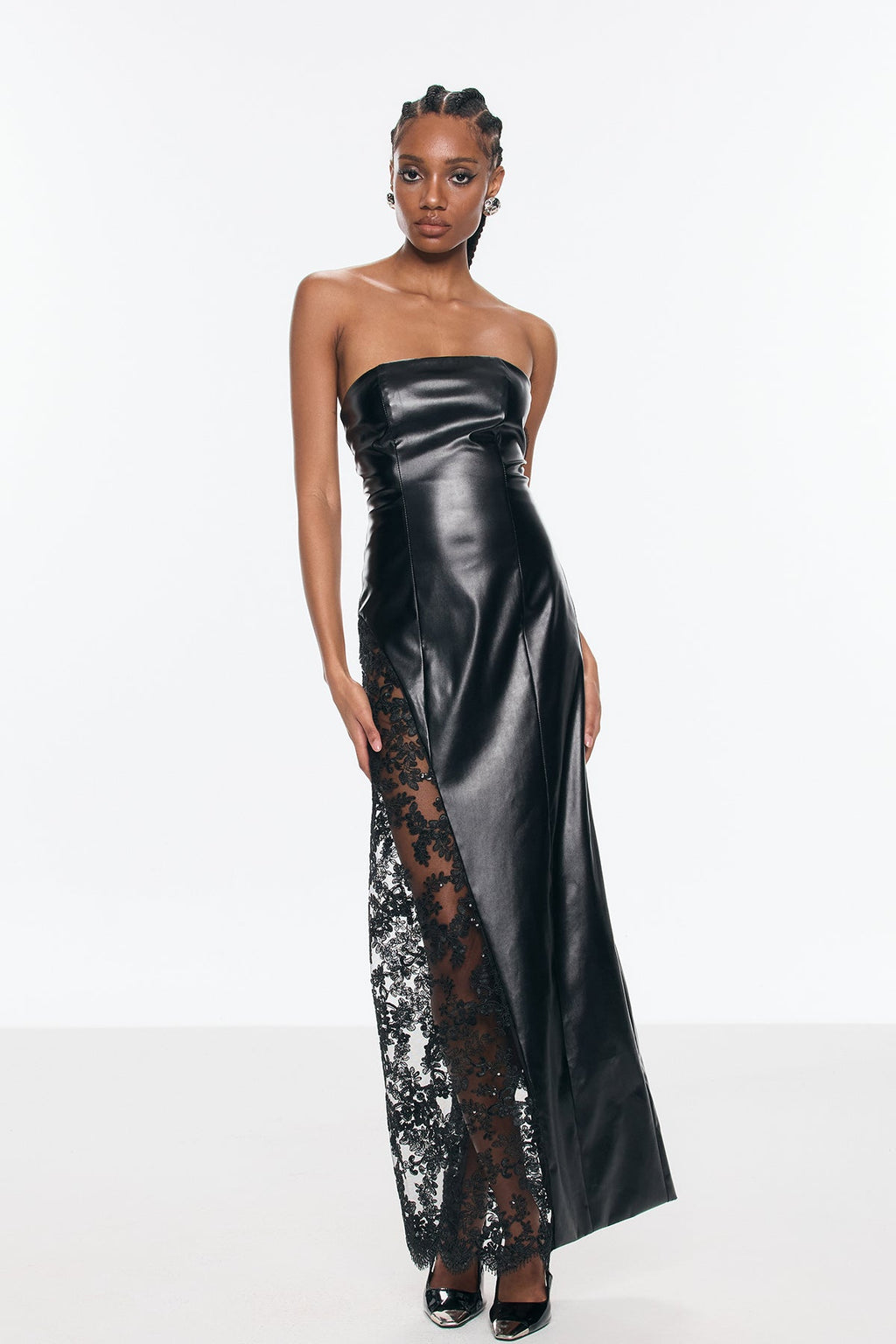 Benniton Lace Strapless Floral Leather Maxi Dress