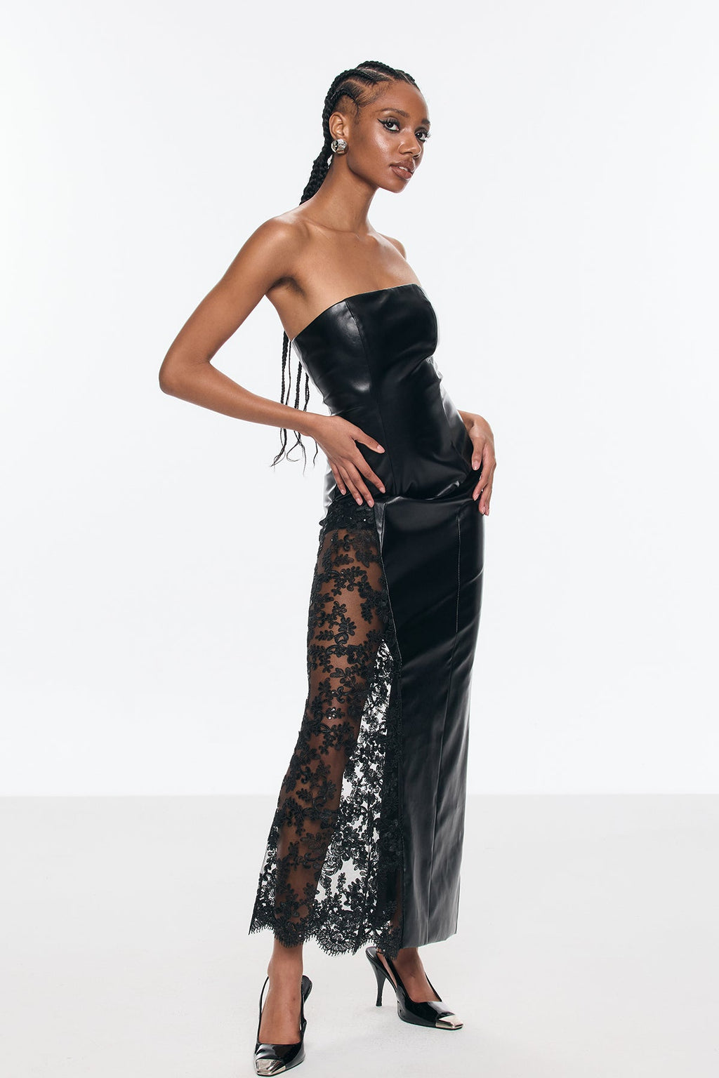 Benniton Lace Strapless Floral Leather Maxi Dress