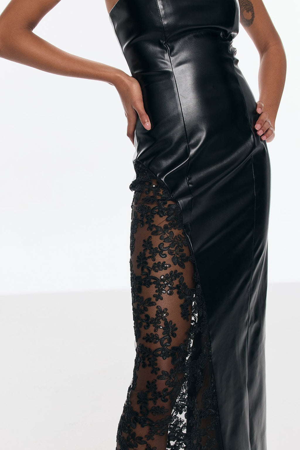Benniton Lace Strapless Floral Leather Maxi Dress