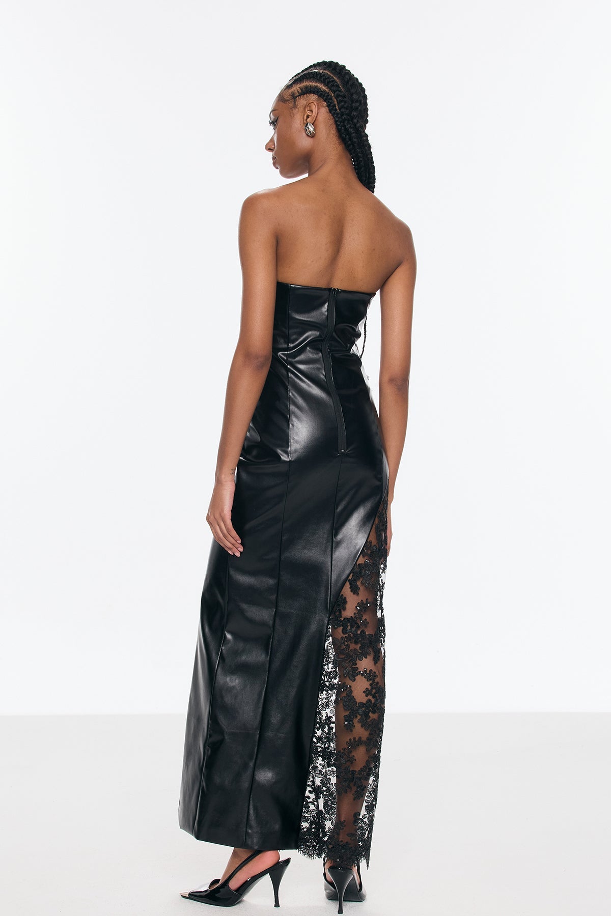 Benniton Lace Strapless Floral Leather Maxi Dress
