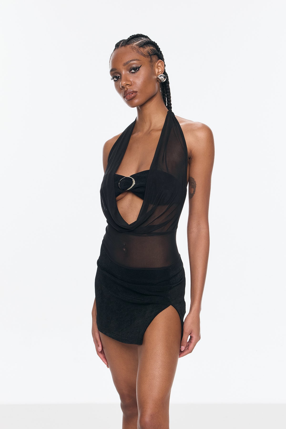 Beno Mesh Plunge Ruch Halter Neck Mini Dress