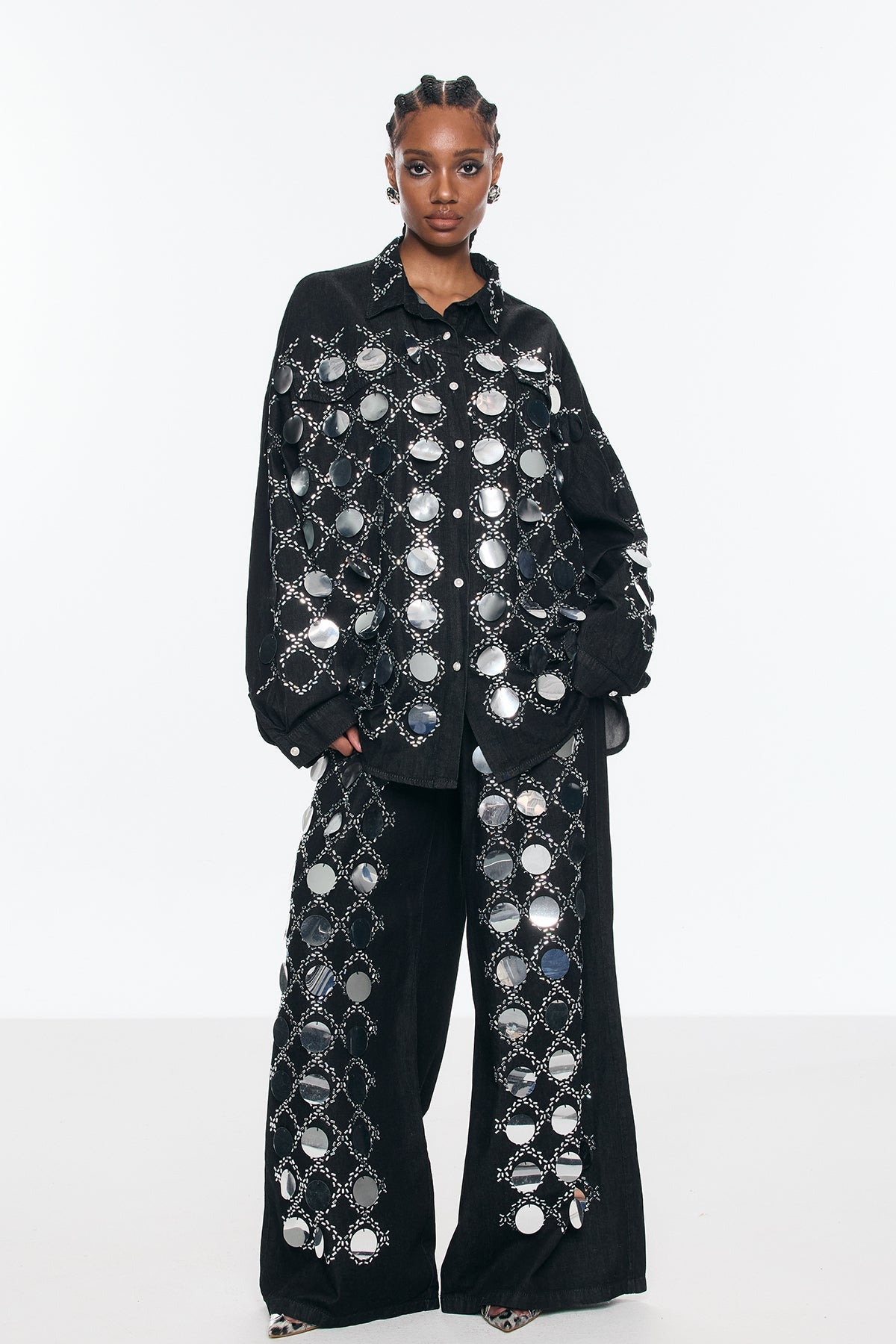 Benoni Sequin Grid Rhinestone Denim Pants Set