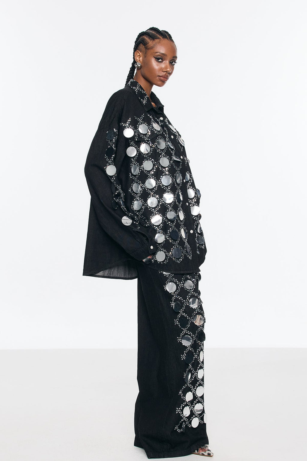 Benoni Sequin Grid Rhinestone Denim Pants Set