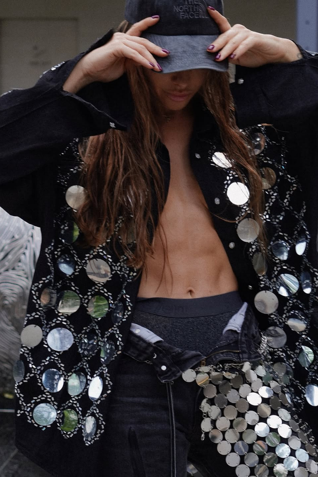 Benoni Sequin Grid Rhinestone Denim Pants Set