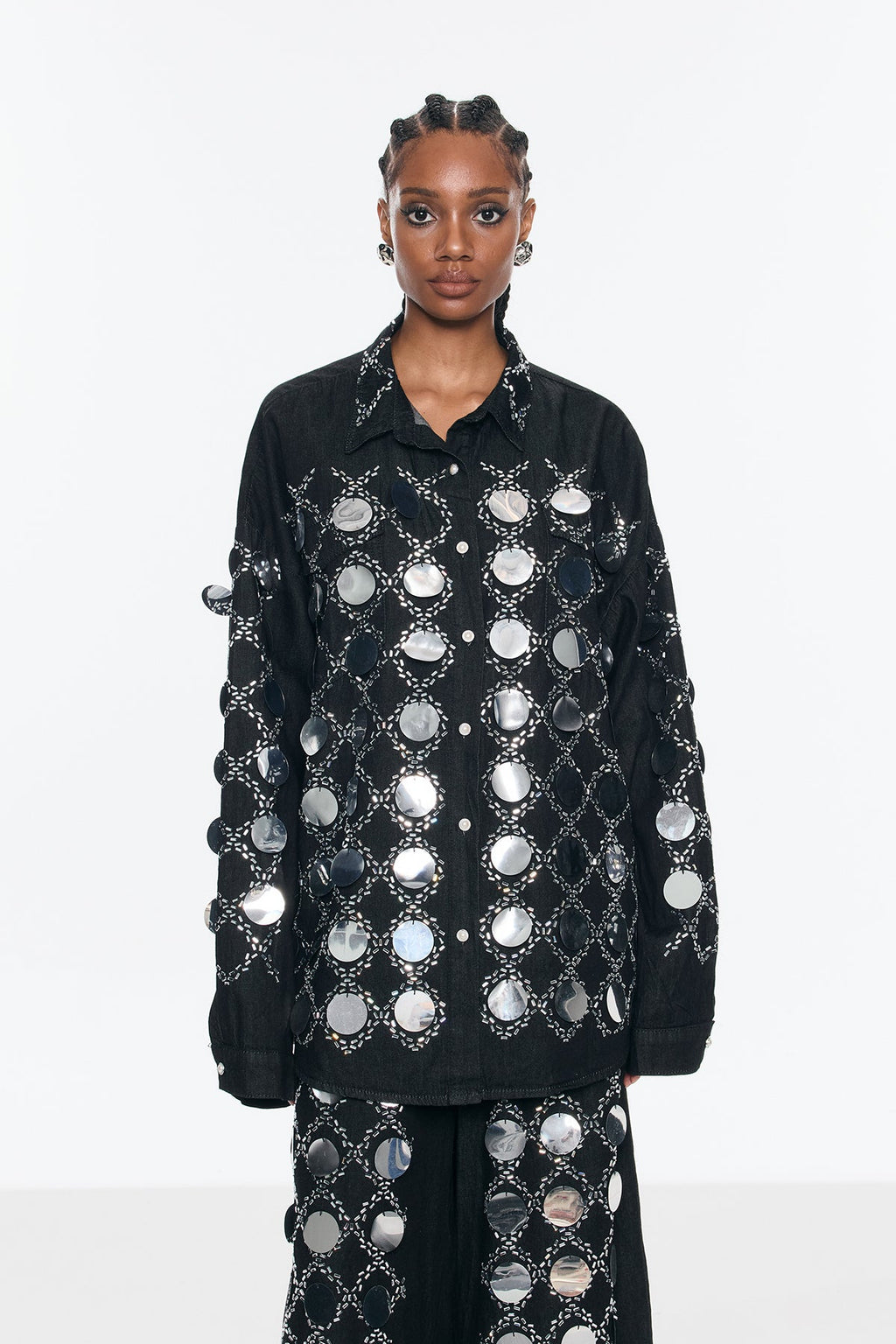 Benoni Sequin Grid Rhinestone Denim Pants Set