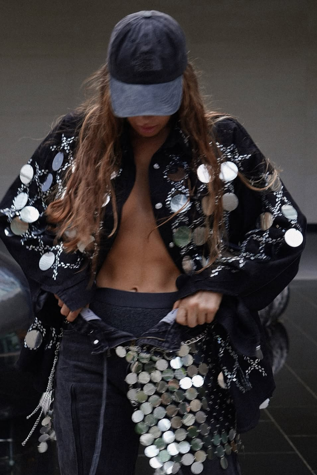 Benoni Sequin Grid Rhinestone Denim Pants Set