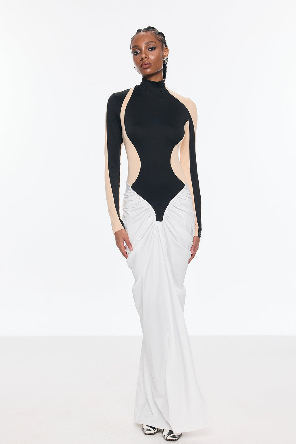 Bent Bodycon Mesh Ruch Split Maxi Dress