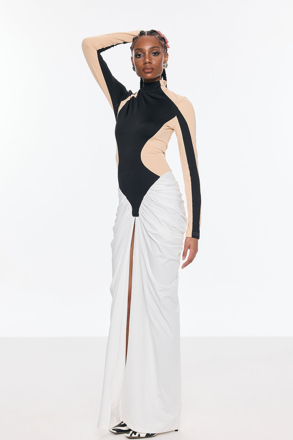 Bent Bodycon Mesh Ruch Split Maxi Dress