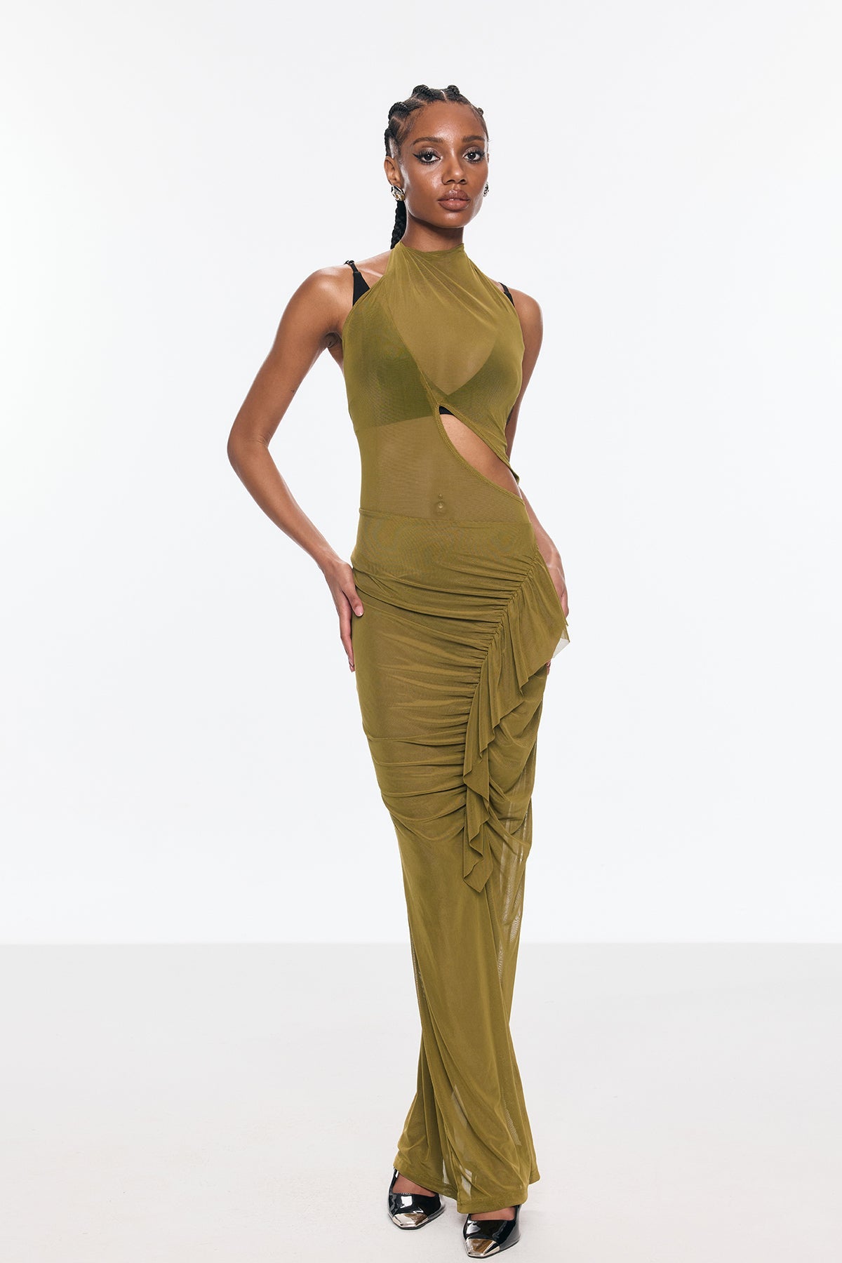 Beonica Mesh Ruch Asymmetric Cutout Maxi Dress