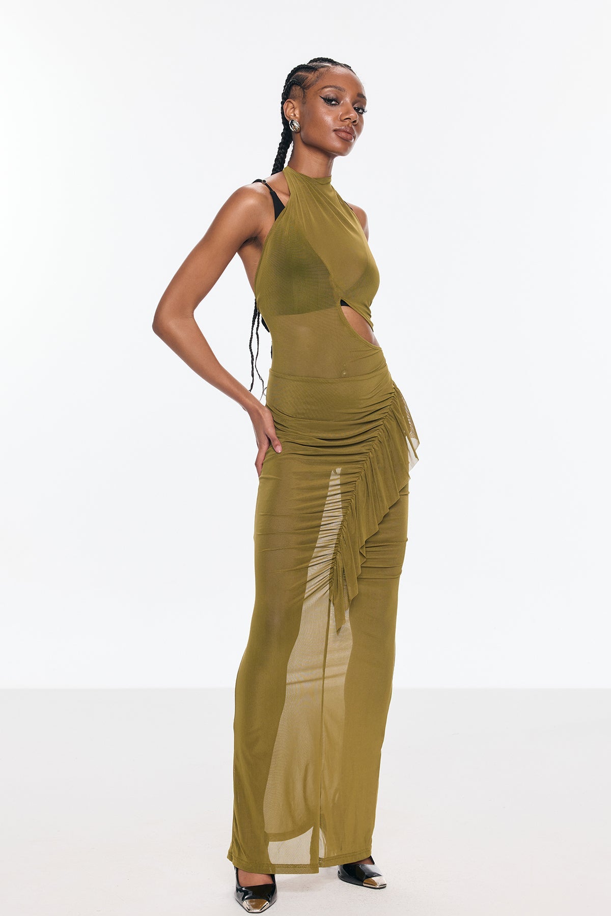 Beonica Mesh Ruch Asymmetric Cutout Maxi Dress