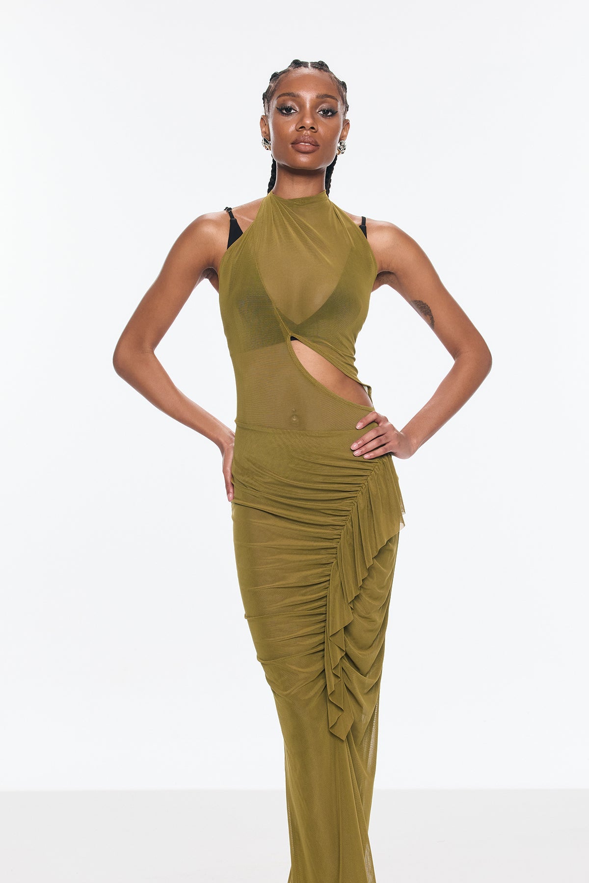 Beonica Mesh Ruch Asymmetric Cutout Maxi Dress