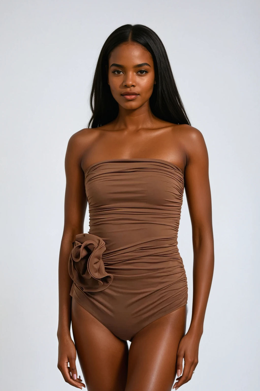 Berach Ruched Flower One Piece Swimsuit In Mocha Mousse