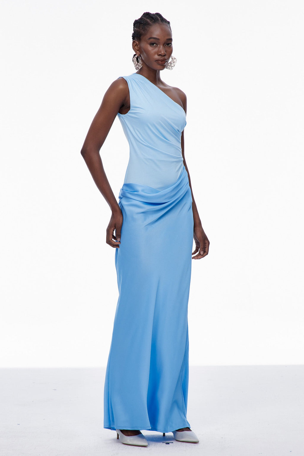 Beres One Shoulder Satin Maxi Dress In Blue