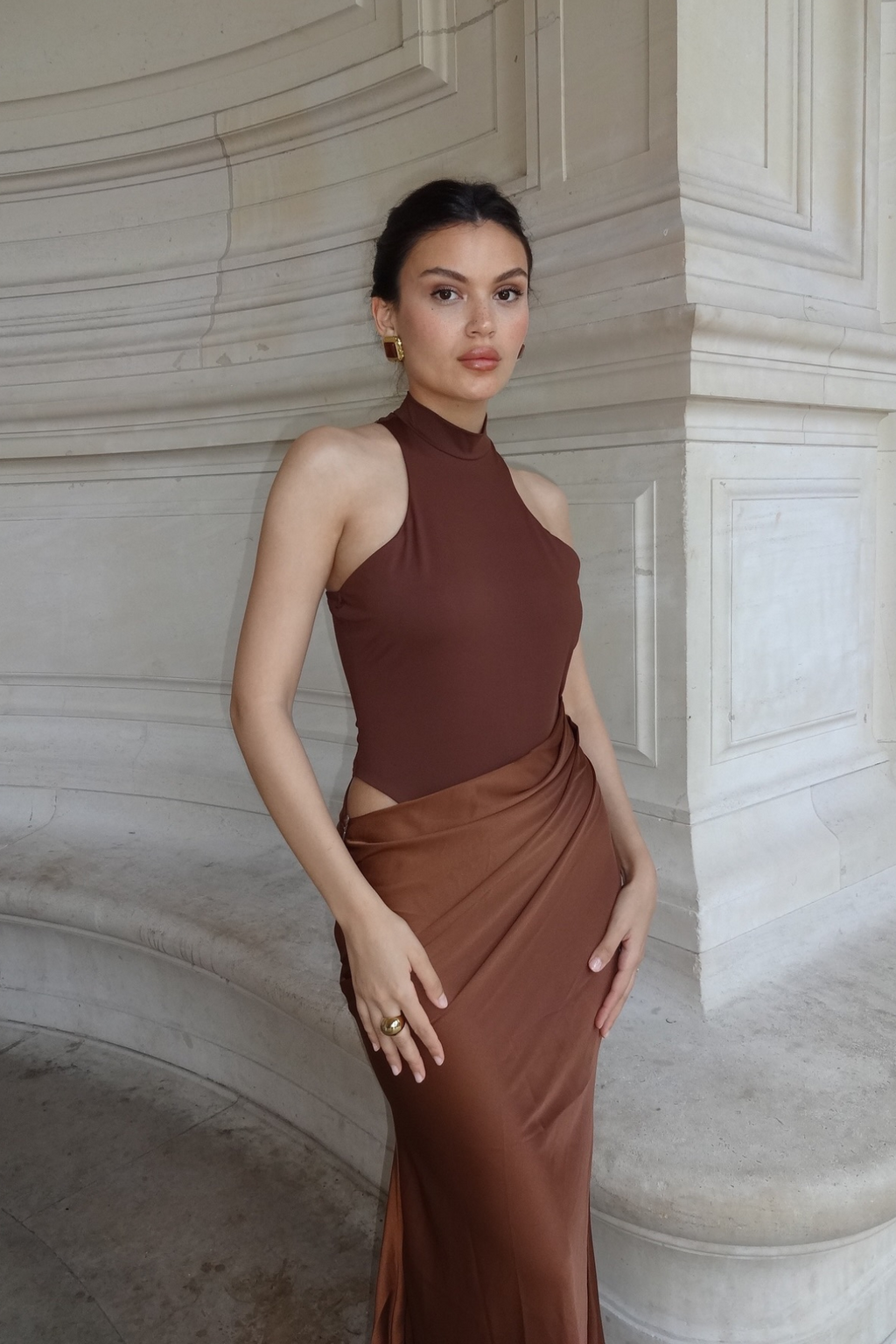 Beres Tank Top Satin Maxi Dress In Brown