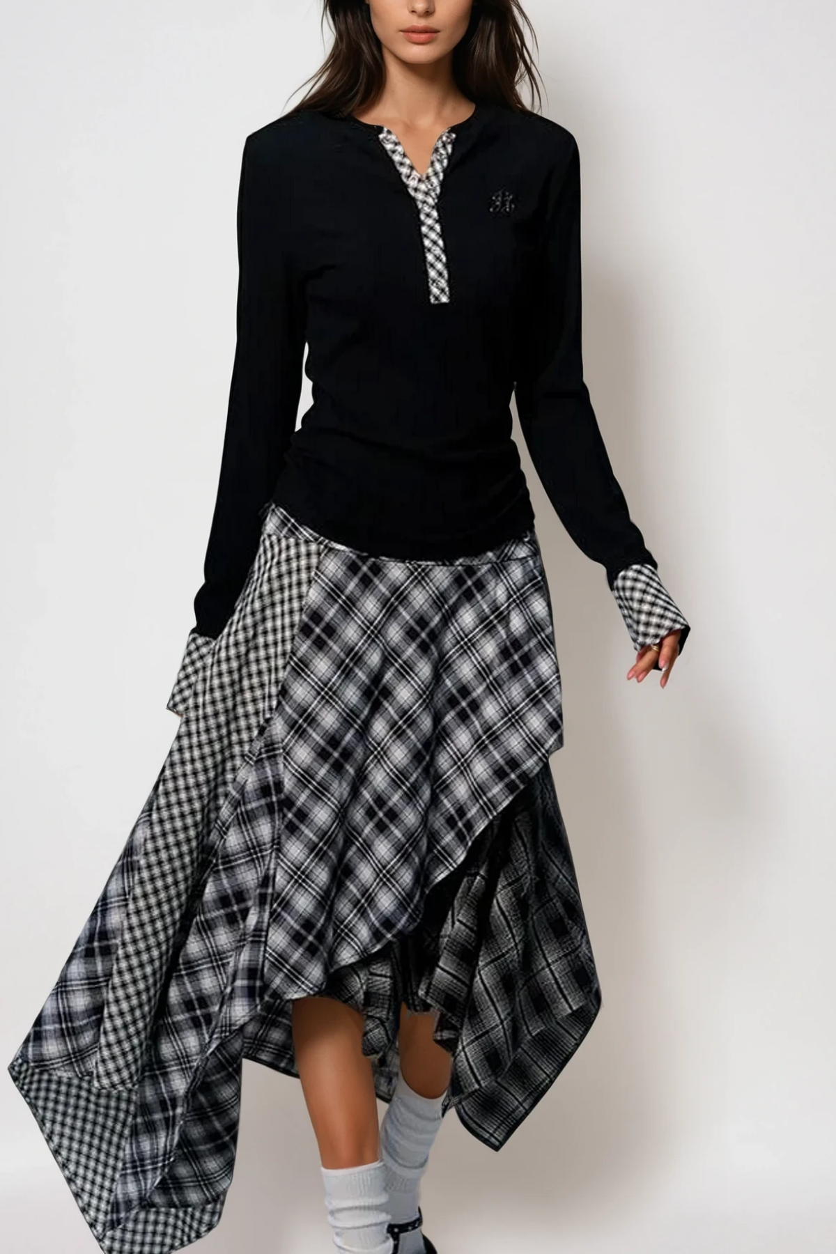 Beril Layered Patchwork Plaid Maxi Skirt