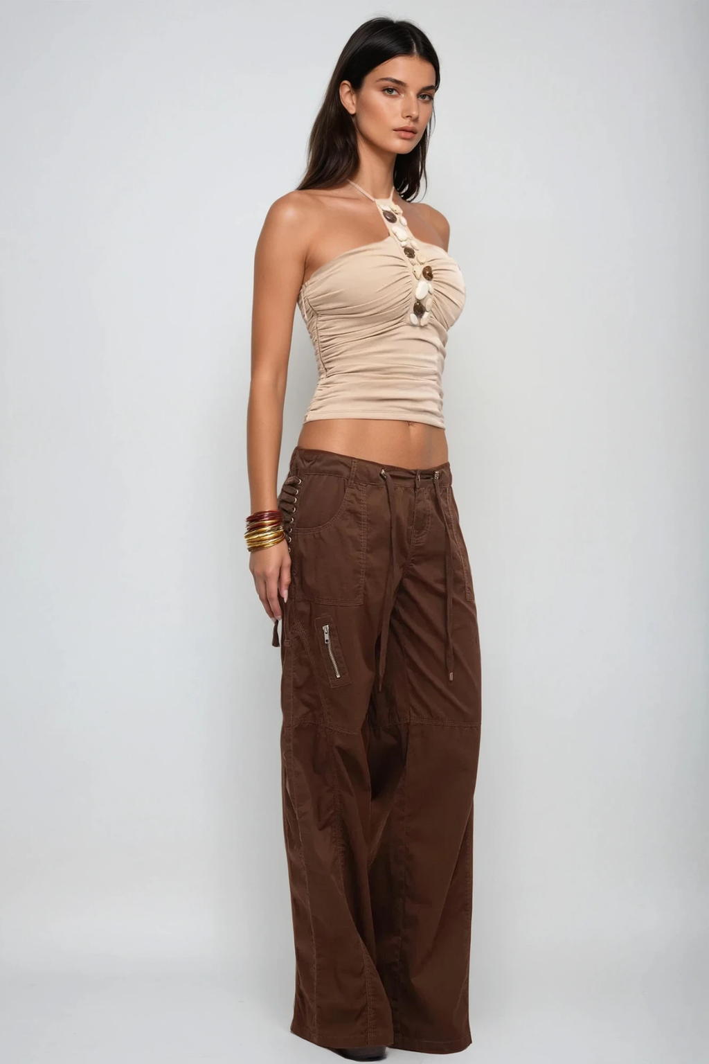 Berke Ruched Halterneck Stone Cropped Top