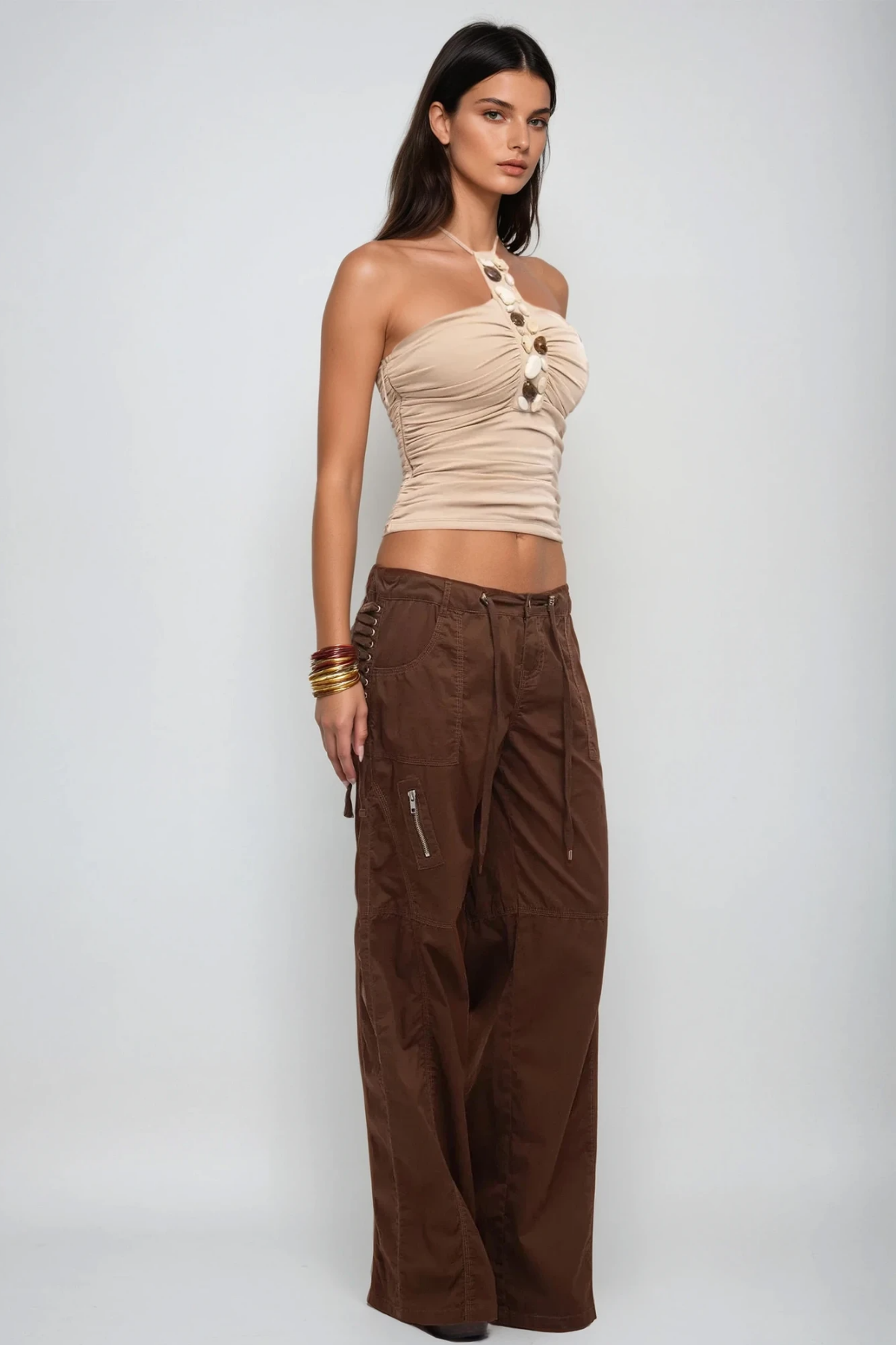 Berke Ruched Halterneck Stone Cropped Top