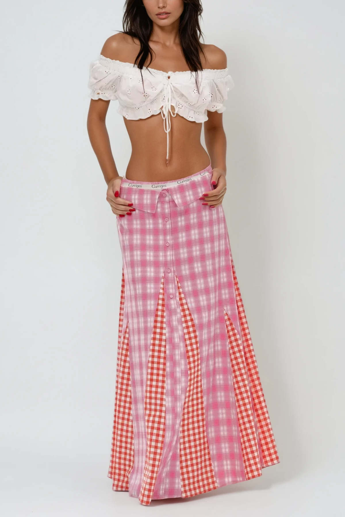 Berlynn Plaid Patchwork Maxi Dress In Pink