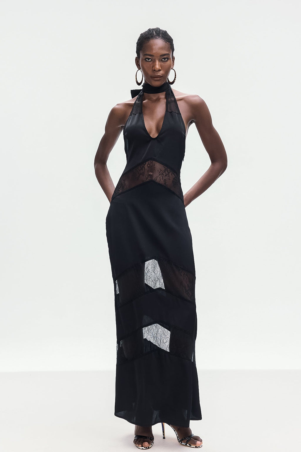 Bernal Satin Lace Cutout Floral Maxi Dress In Black
