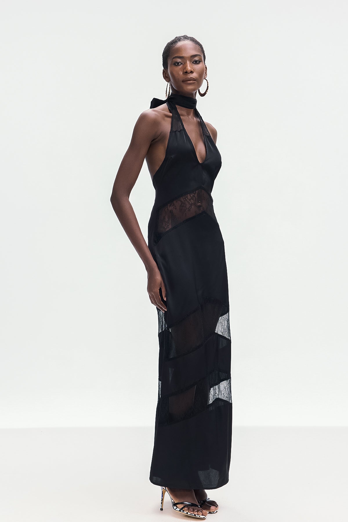 Bernal Satin Lace Cutout Floral Maxi Dress In Black