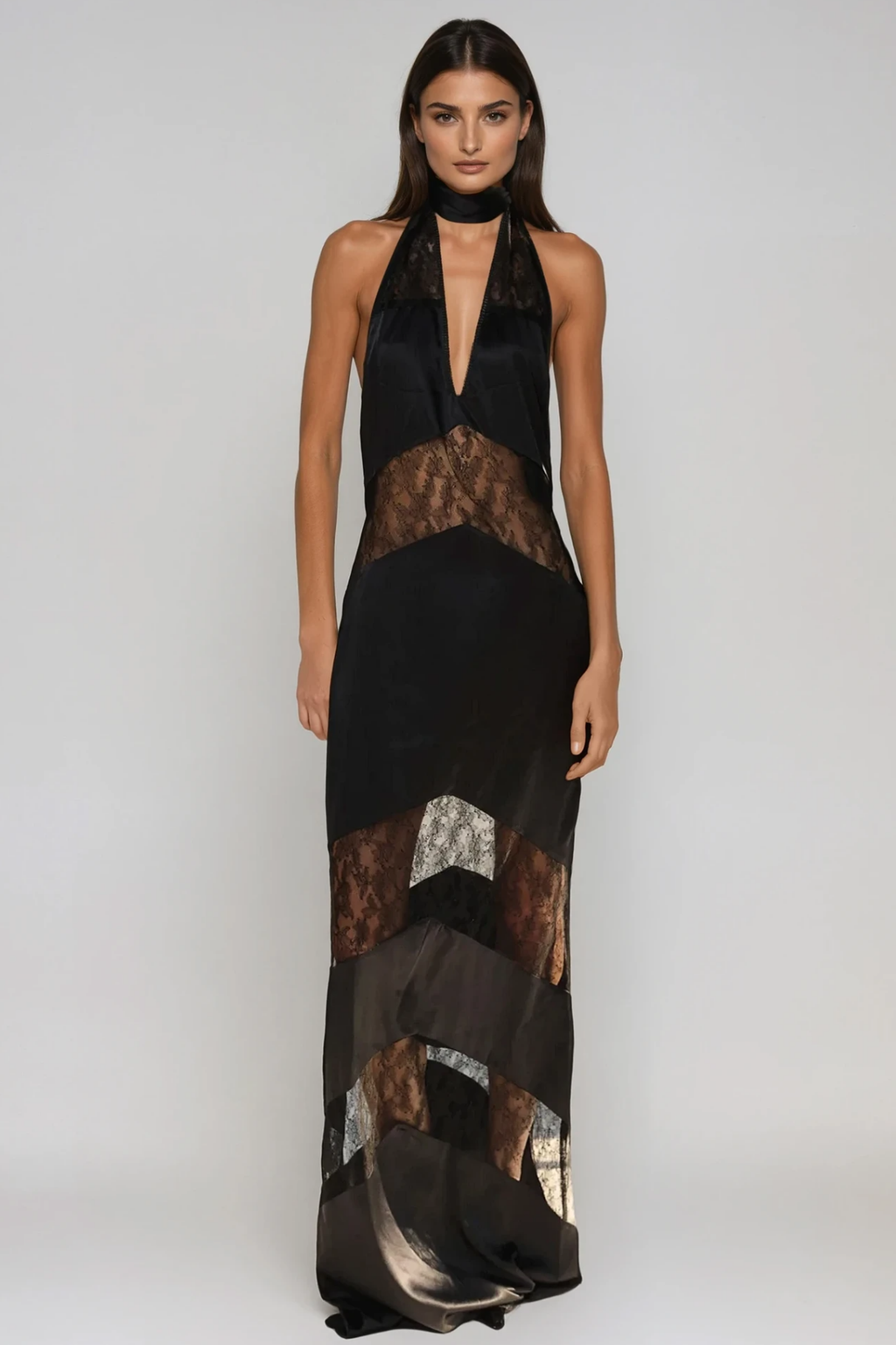 Bernal Satin Lace Cutout Floral Maxi Dress In Black
