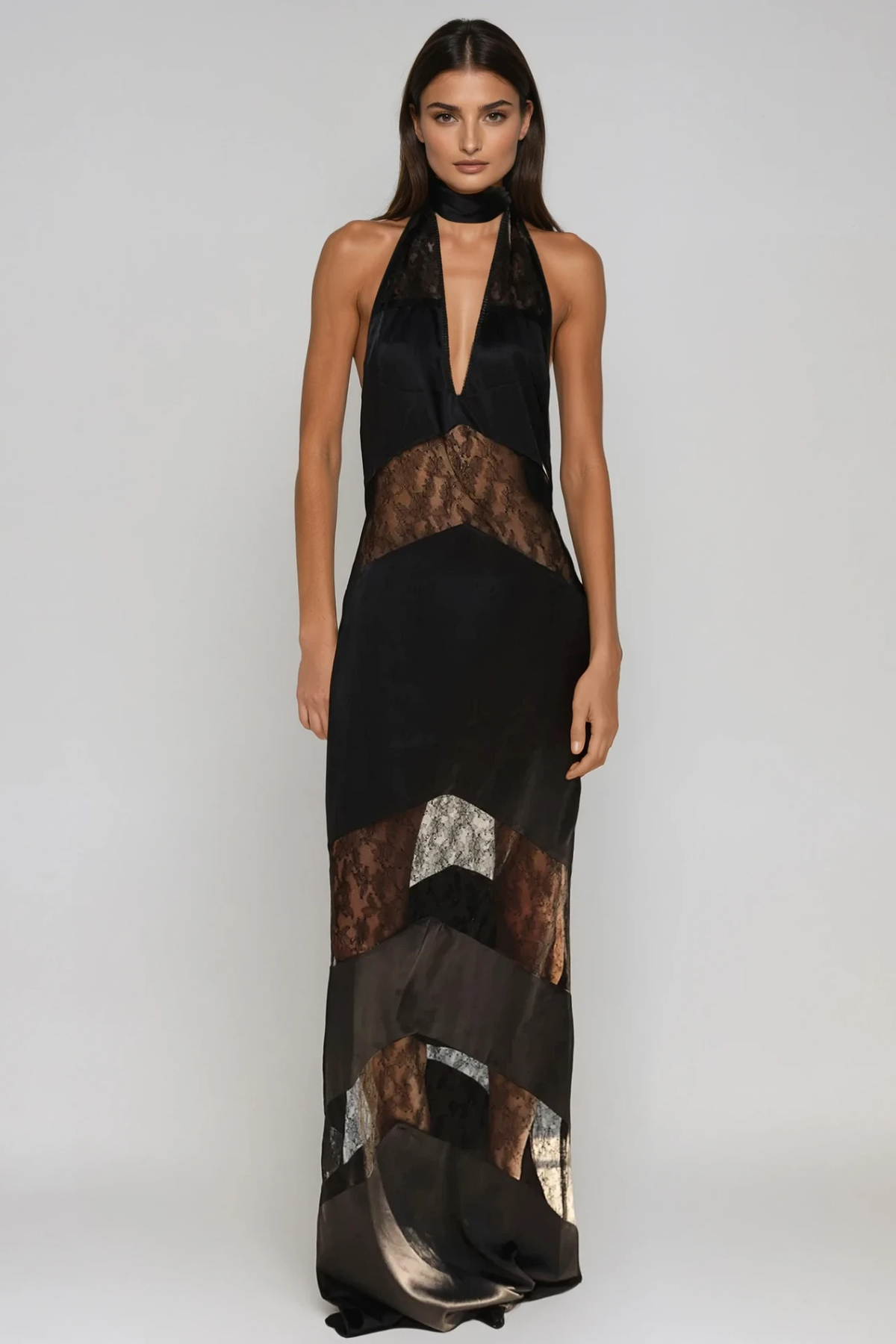 Bernal Satin Lace Cutout Floral Maxi Dress In Black