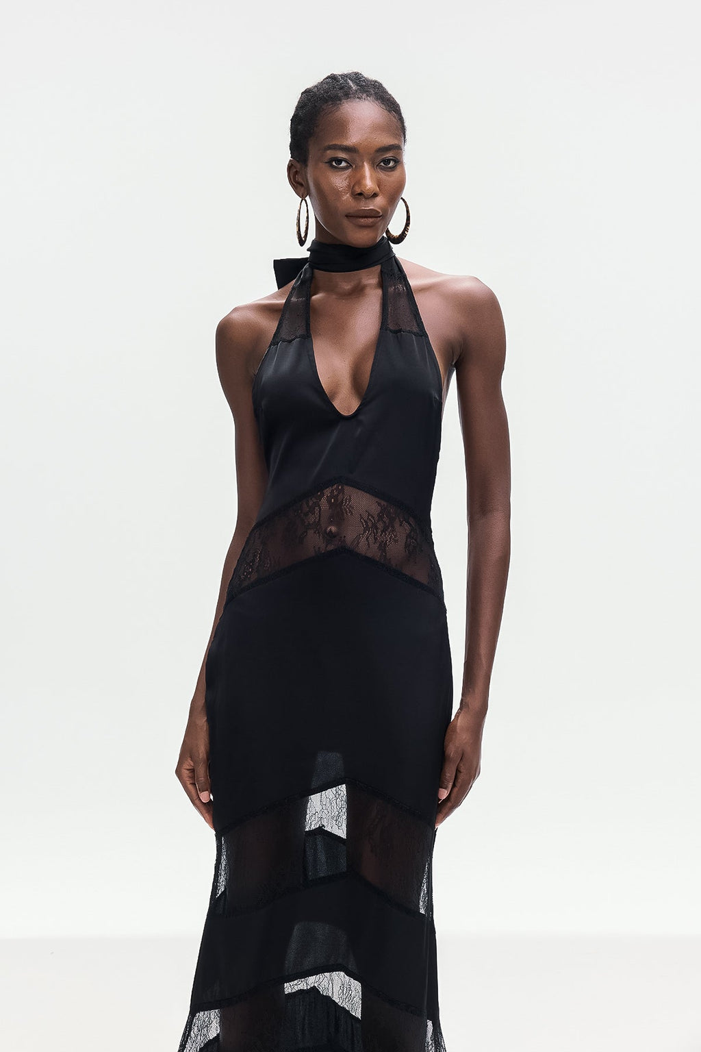 Bernal Satin Lace Cutout Floral Maxi Dress In Black