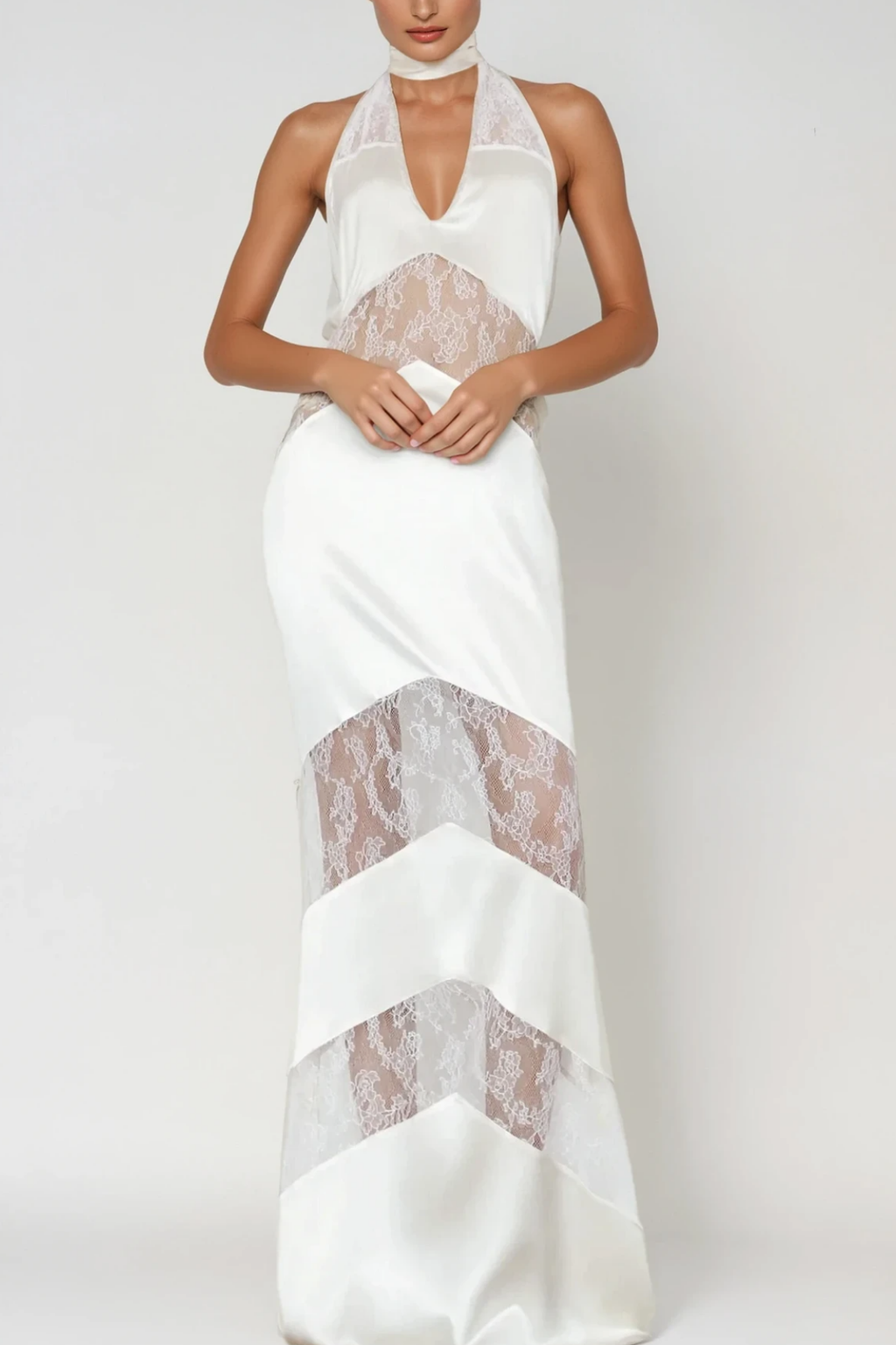 Bernal Satin Lace Cutout Floral Maxi Dress In White