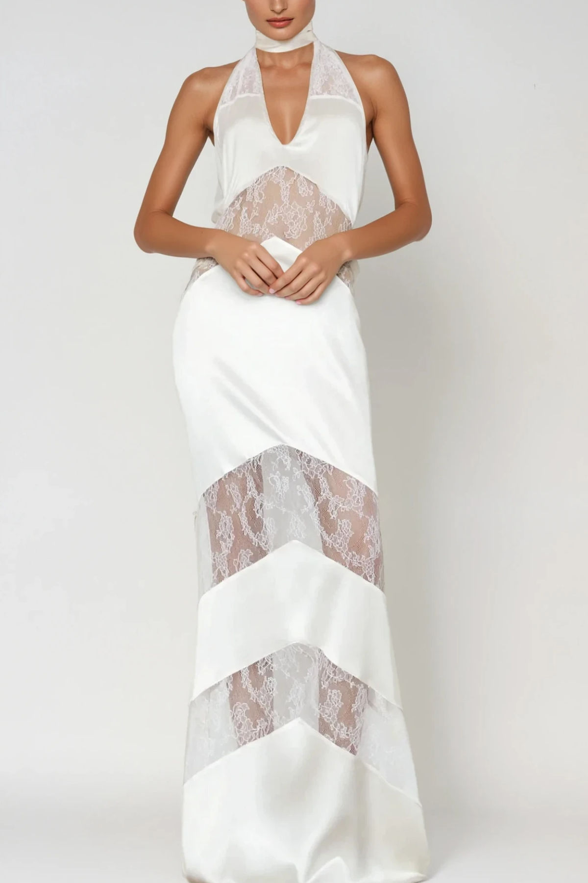 Bernal Satin Lace Cutout Floral Maxi Dress In White