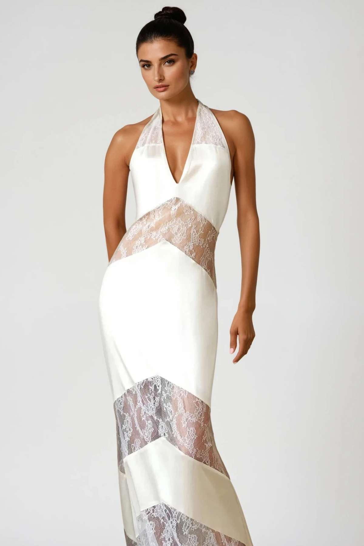 Bernal Satin Lace Cutout Floral Maxi Dress In White