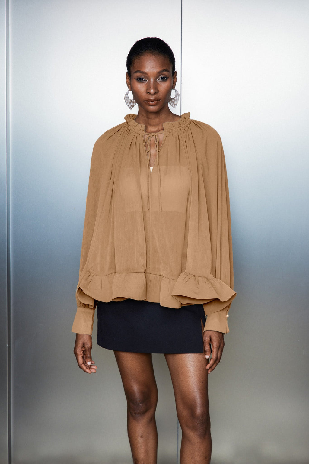 Bernard Ruch Ruffle Mesh Long Sleeve Top In Khaki