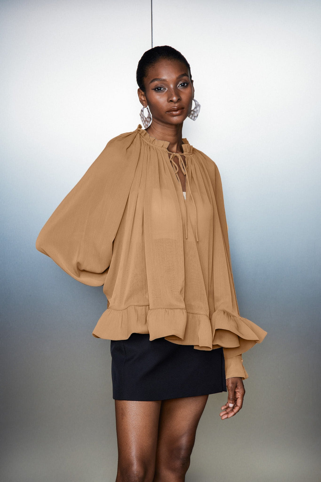 Bernard Ruch Ruffle Mesh Long Sleeve Top In Khaki