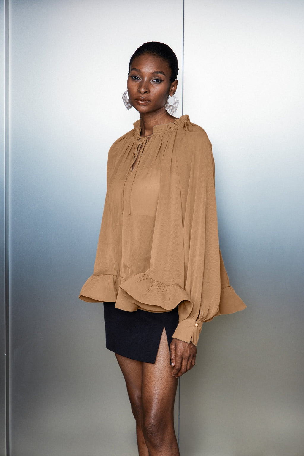 Bernard Ruch Ruffle Mesh Long Sleeve Top In Khaki