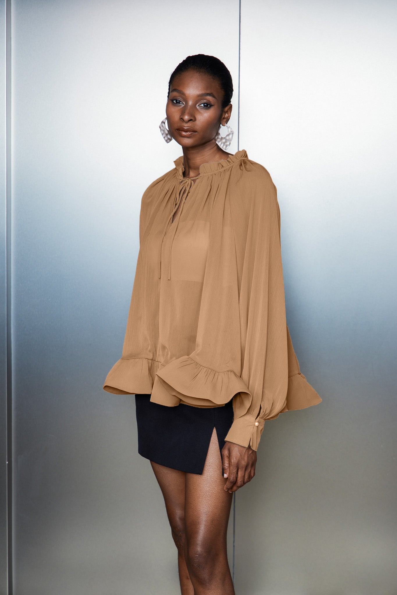 Bernard Ruch Ruffle Mesh Long Sleeve Top In Khaki
