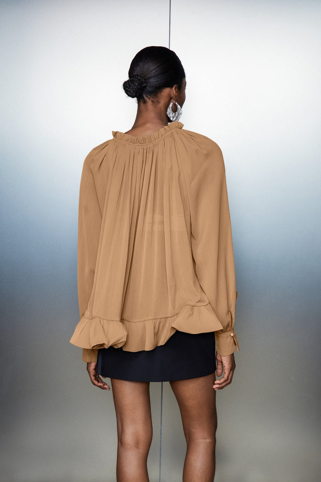 Bernard Ruch Ruffle Mesh Long Sleeve Top In Khaki