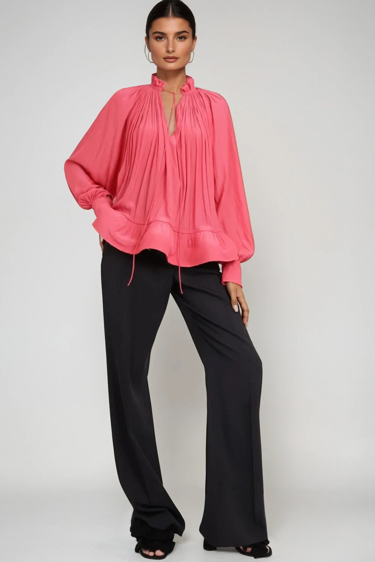 Bernard Ruch Ruffle Mesh Long Sleeve Top