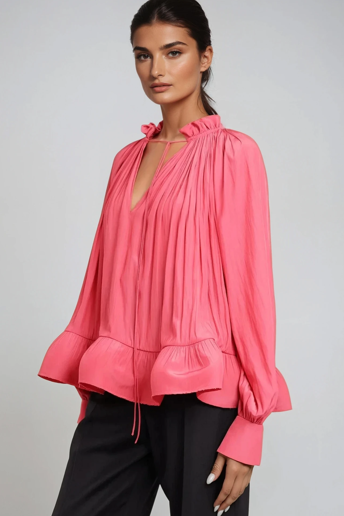 Bernard Ruch Ruffle Mesh Long Sleeve Top